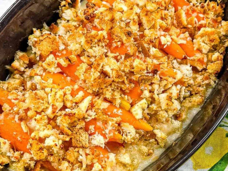 A casserole dish filled with carrots au gratin.