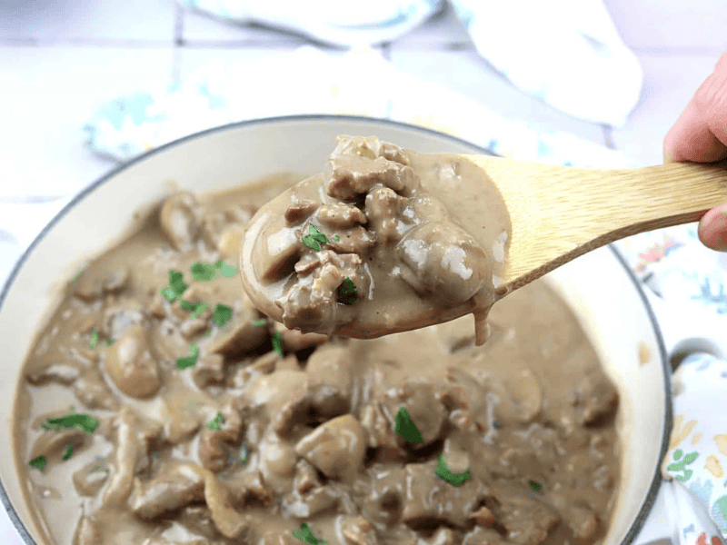 A wooden spoon holds a serving of beef stroganoff with mushrooms and creamy sauce above a pot filled with the dish.