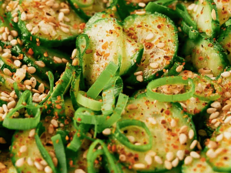 Slices of cucumber tossed in spicy Korean dressing.