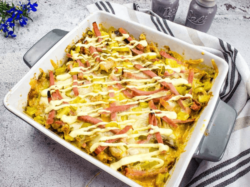 A closeup shot of Cuban Casserole in a baking dish.