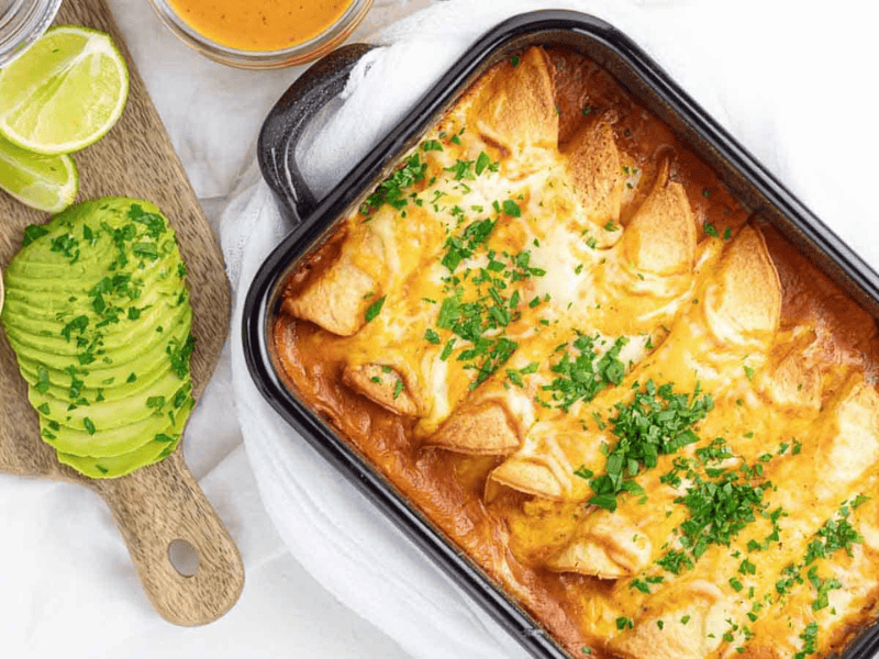 Enchilada in a black casserole.