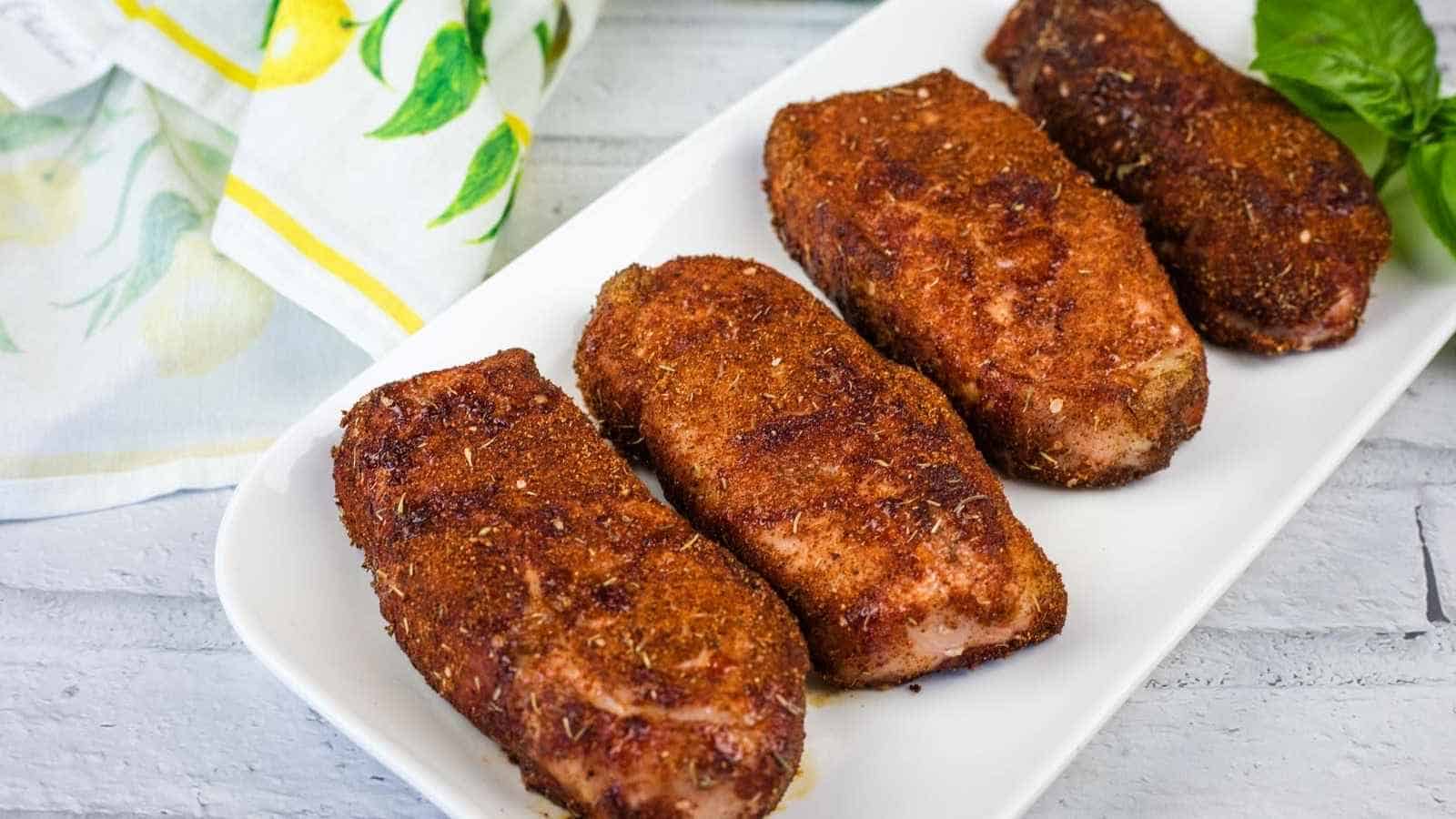 Four pieces of smoked thick-cut pork chops on a white rectangular plate, with a lemon-patterned napkin and basil leaves nearby.