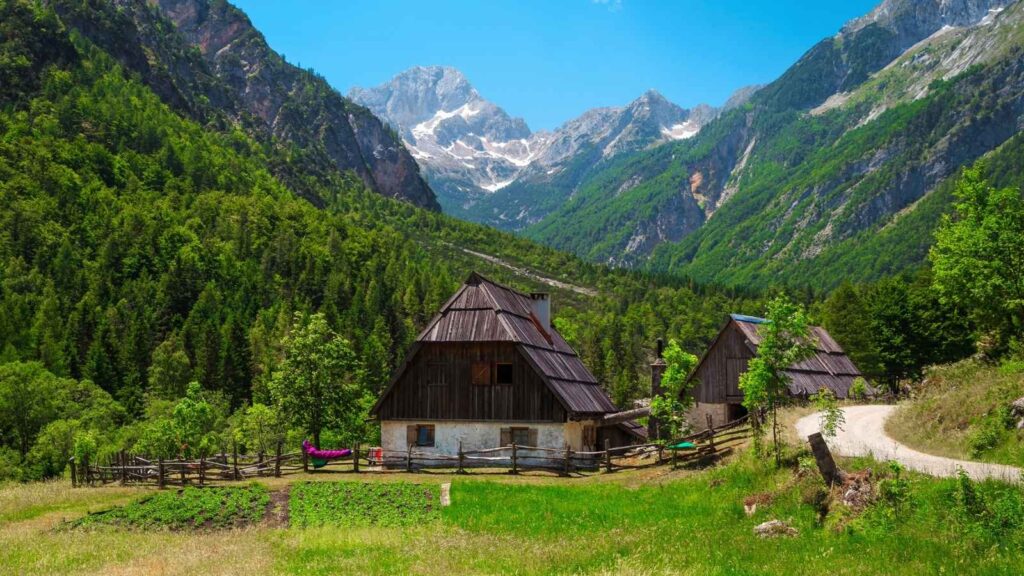 Two wooden houses with fenced yards sit in a green valley surrounded by forested mountains under a clear blue sky, with a dirt path curving past the homes&mdash;a tranquil scene that captures the allure of Slovenia travel.