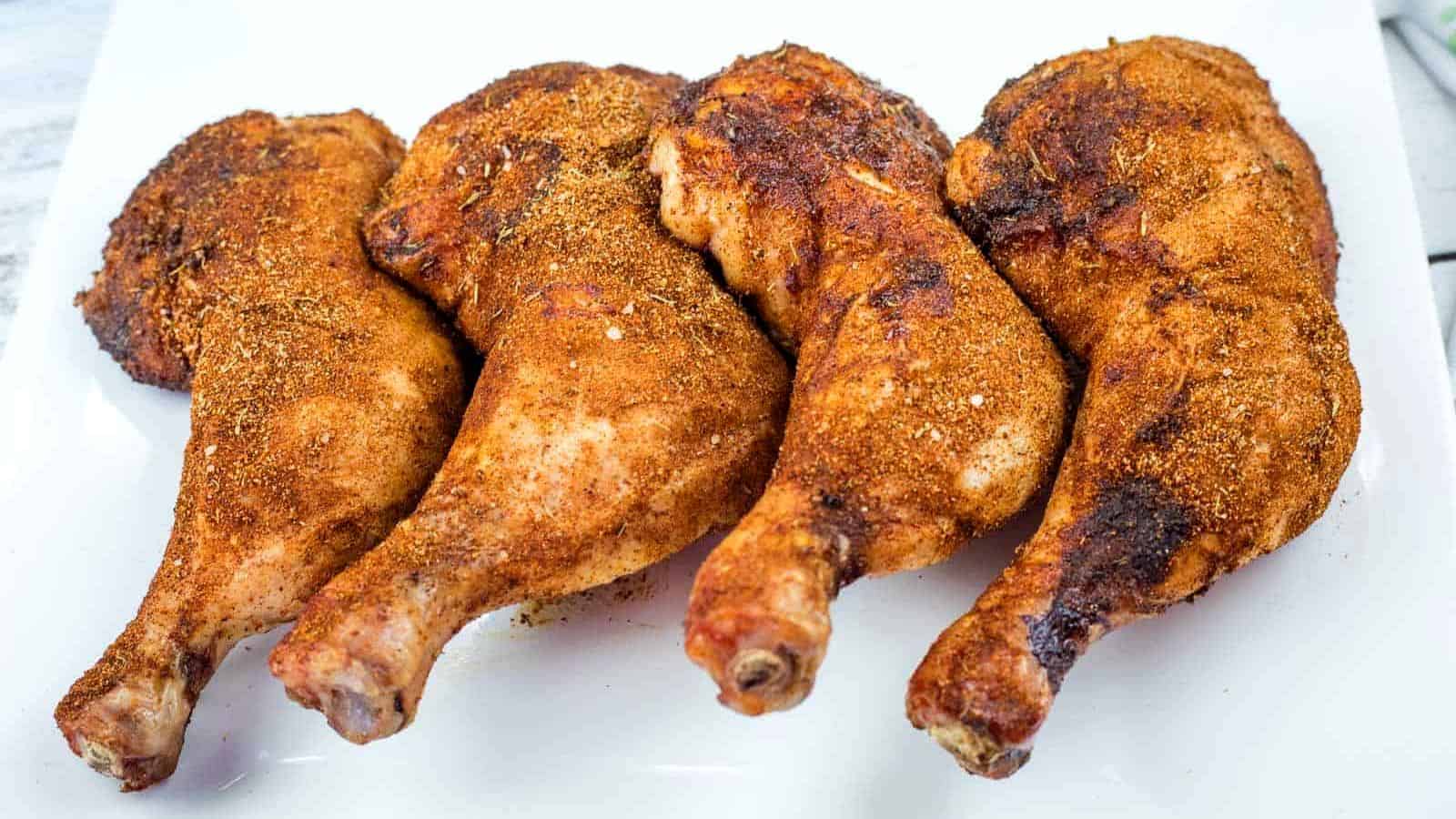 Four Smoked Chicken Leg Quarters are arranged in a row on a white plate.