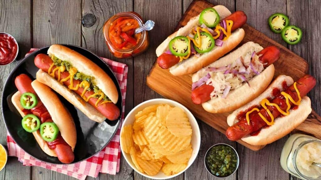 Four hot dogs with various toppings, a bowl of potato chips, sliced jalape&ntilde;os, relish, and peppers arranged on a wooden table.