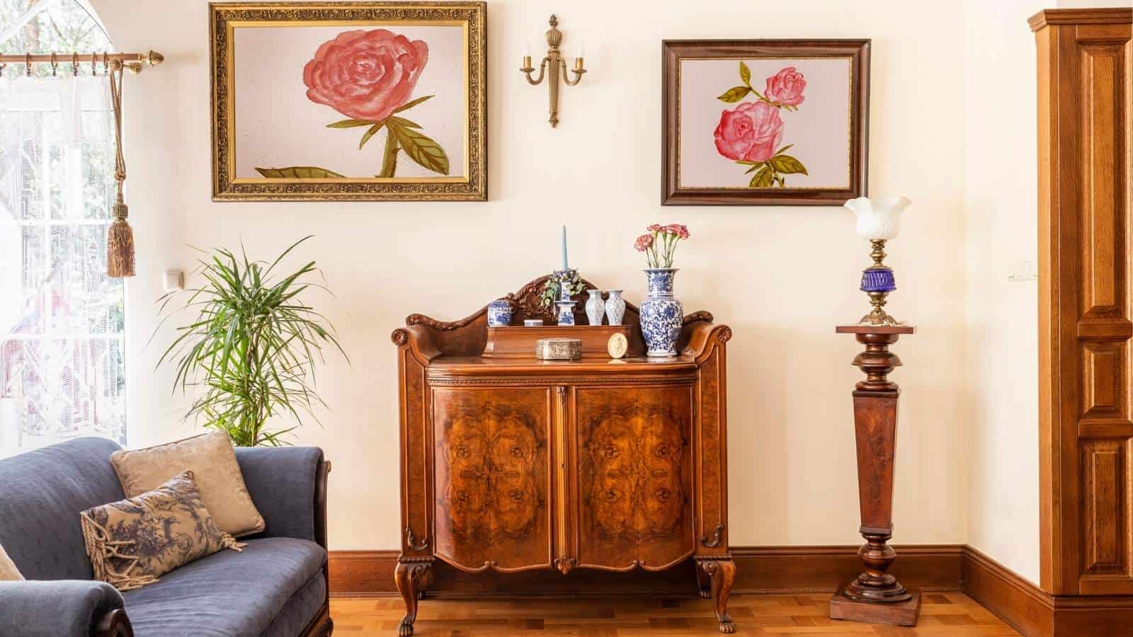 A living room with vintage wooden furniture, floral paintings on the wall, decorative vases, and a blue sofa with cushions.