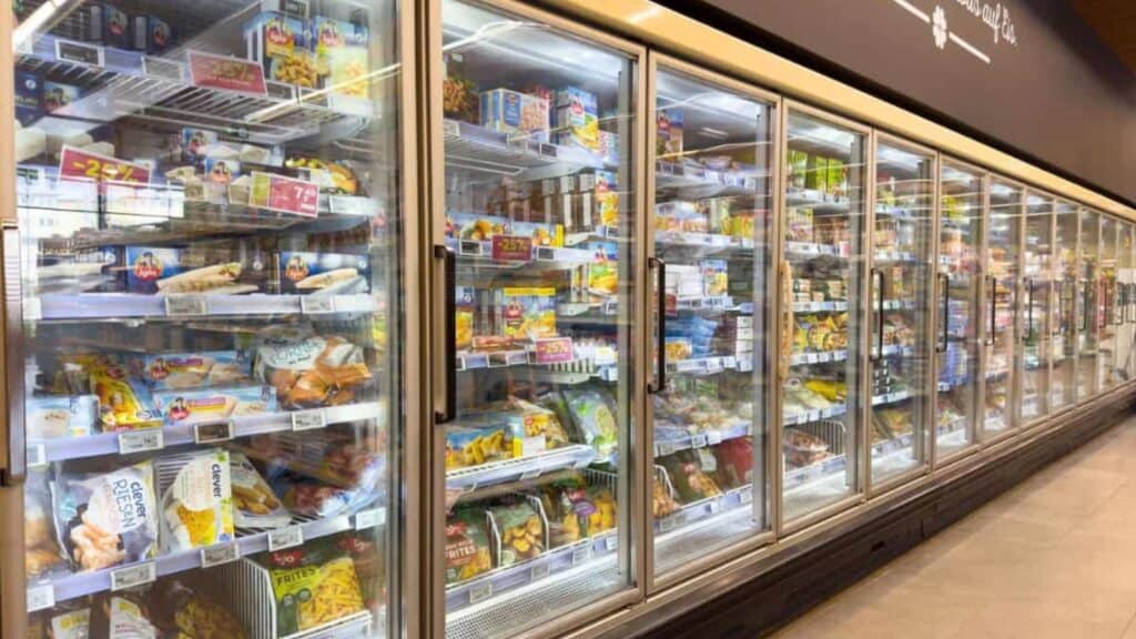 A grocery store freezer aisle with glass doors displaying a variety of frozen foods, including vegetables, meals, and desserts—now thoughtfully curated to comply with California’s new food law.