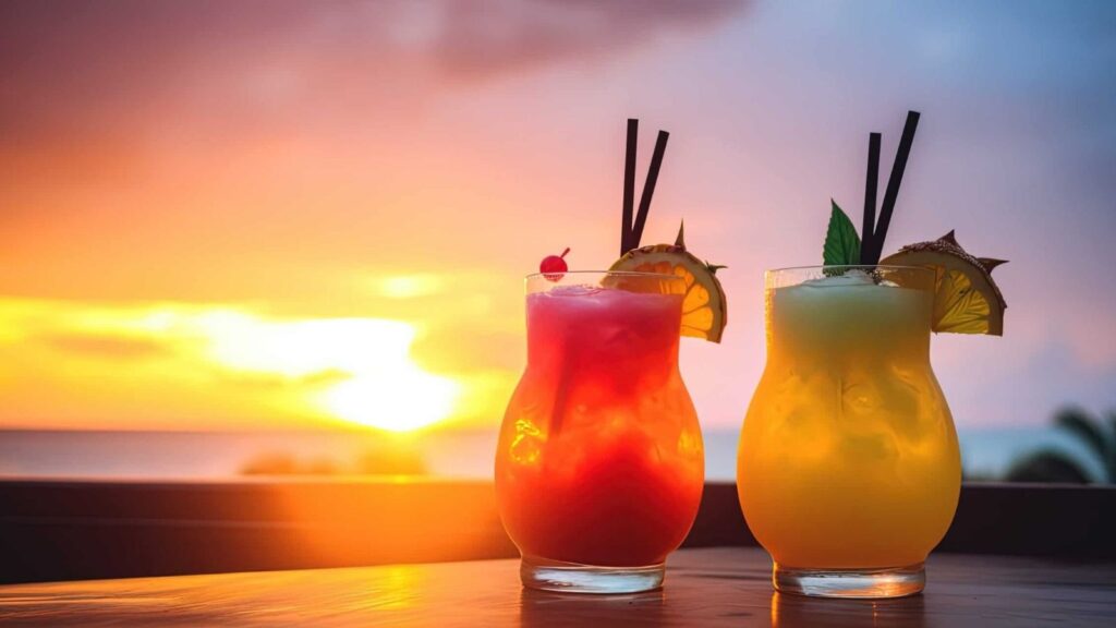 Two colorful cocktails with straws and fruit garnishes sit on a table, with a sunset over water in the background.
