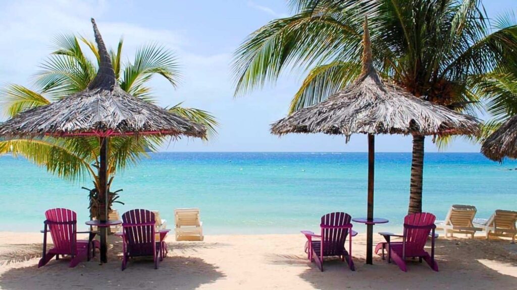 Two thatched umbrellas shade pink chairs on a sandy beach with palm trees, facing a calm blue sea under a clear sky.