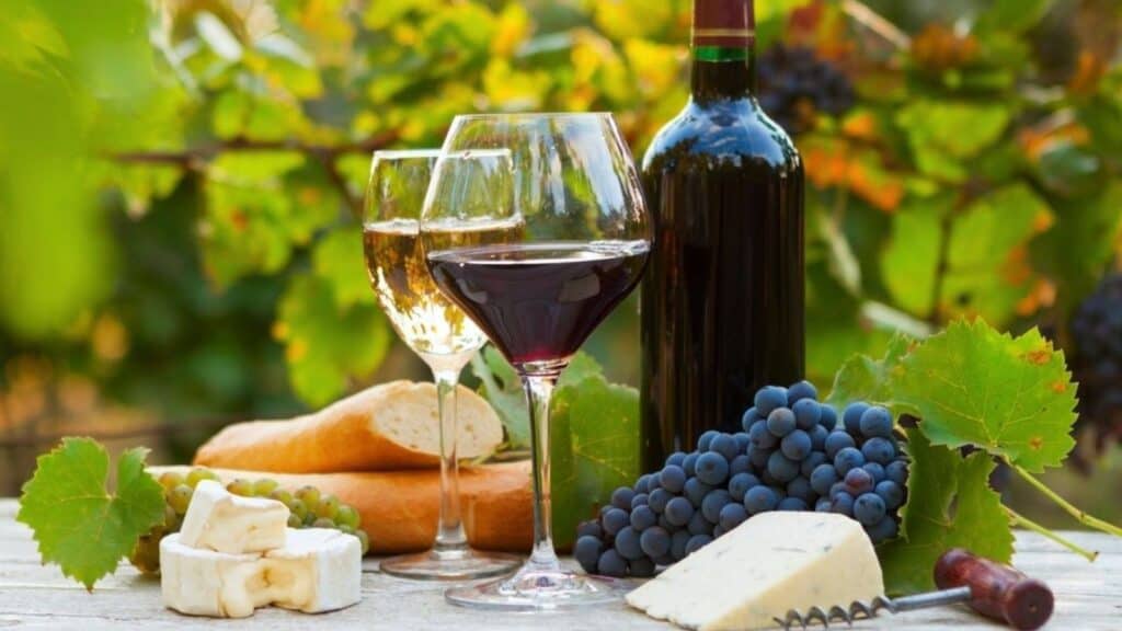 Two glasses of wine, a wine bottle, grapes, assorted cheeses, and baguette slices on a table outdoors with green foliage in the background&mdash;an idyllic setting to celebrate National Wine and Cheese Day.