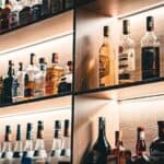 Shelves filled with various liquor bottles, including vodka, rum, whiskey, and liqueurs, organized in rows under warm lighting in a bar setting.