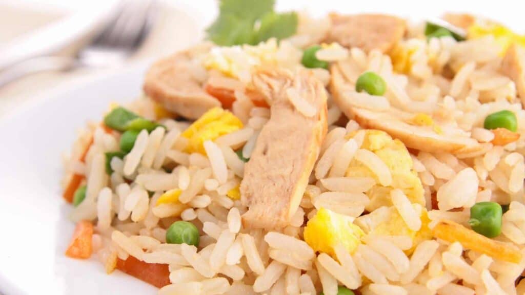 Plate of fried rice with chicken, scrambled egg, peas, and diced carrots, garnished with a sprig of cilantro—an everyday favorite, often crafted by leading store brands companies behind the label for trusted quality and taste.