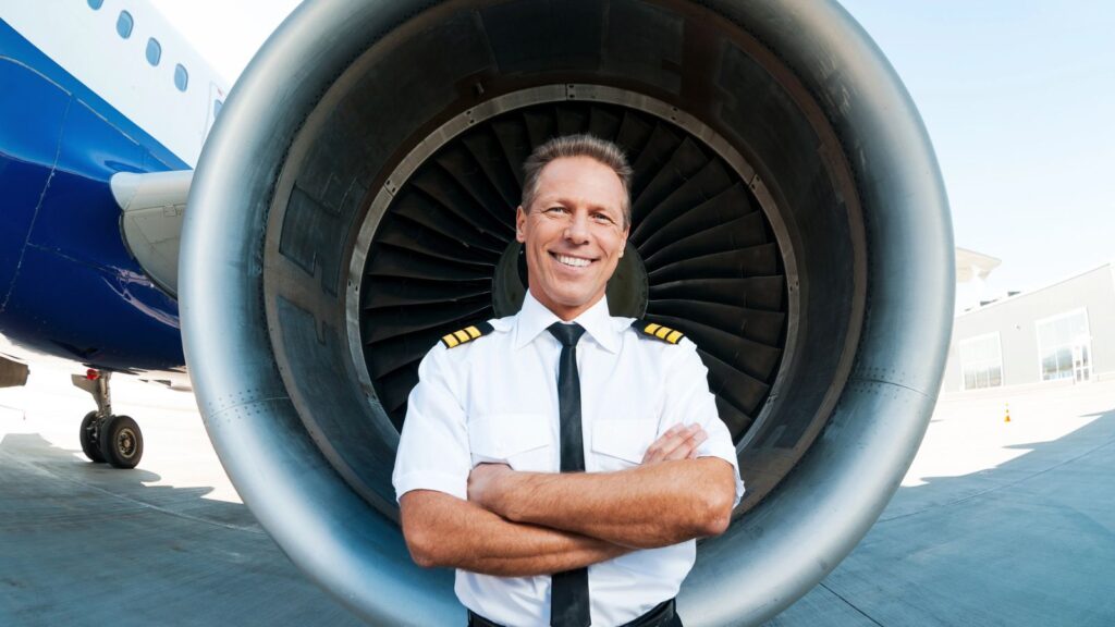 A commercial airline pilot is standing with arms crossed in front of a large jet engine on an airport tarmac, wearing a white uniform shirt with epaulets and a black tie, exuding confidence beside their personal aircraft.
