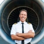 A commercial airline pilot is standing with arms crossed in front of a large jet engine on an airport tarmac, wearing a white uniform shirt with epaulets and a black tie, exuding confidence beside their personal aircraft.
