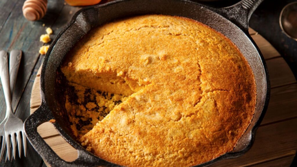 A round skillet of baked cornbread with a wedge slice removed, showing the crumbly interior—one of the most popular Thanksgiving sides. Several forks and a honey dipper are nearby on a wooden surface.
