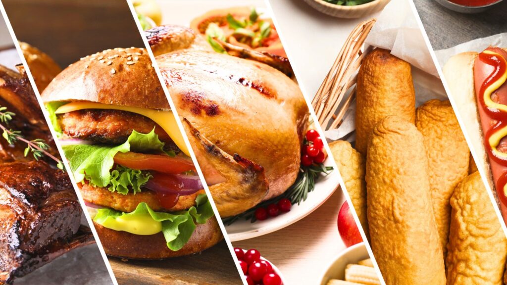 A split image showing roast meat, a cheeseburger, a whole roast chicken, breadsticks, fish fillets, and a hot dog with ketchup and mustard&mdash;classic examples of American foods with foreign roots.