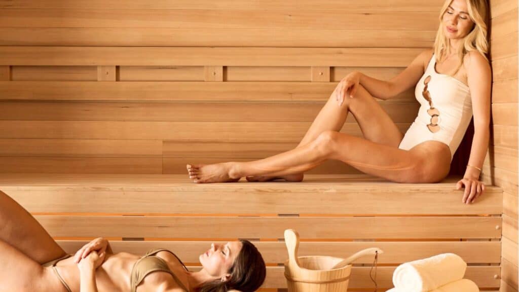 Two women in swimsuits relax on wooden benches inside a sauna, enjoying tranquil moments reminiscent of Miami spa months. Towels and a wooden bucket with a ladle are placed nearby.