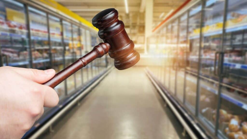 A hand holds a judge&rsquo;s gavel in front of refrigerated grocery store aisles, combining elements of law and food retail&mdash;hinting at the legal implications when foods are not what their name suggests.