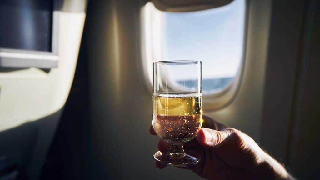 A hand holds a glass of sparkling wine in front of an airplane window with sunlight streaming in.