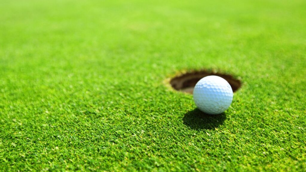 A golf ball rests on neatly trimmed grass next to the edge of a golf hole on a putting green.