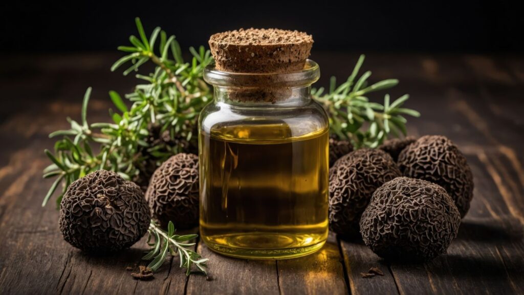 A glass jar of oil with a cork lid sits on a wooden surface, surrounded by fresh rosemary sprigs and several whole black truffles&mdash;classic examples of foods not what name suggests, as neither black truffles nor &ldquo;truffle oil&rdquo; always contain true truffle despite their luxurious reputation.