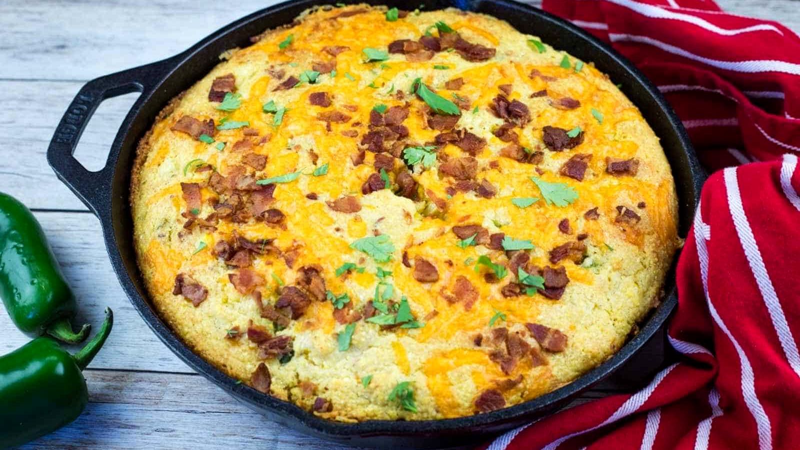 A cast-iron skillet filled with baked cornbread topped with chopped bacon and herbs, placed next to a red striped kitchen towel.