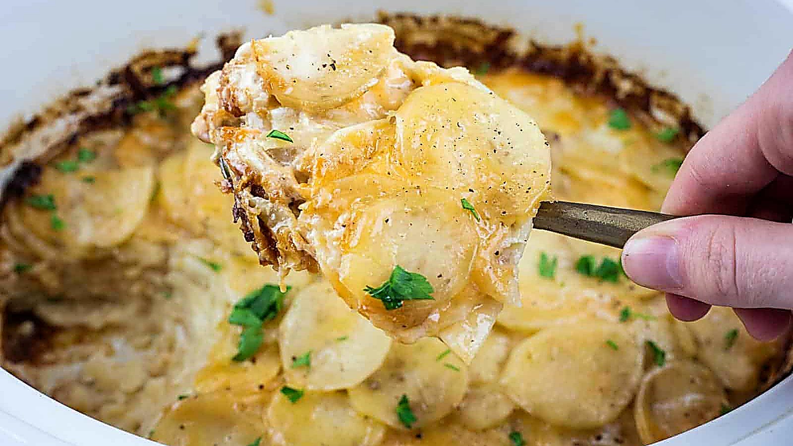 A hand holds a serving spoon with cheesy scalloped potatoes above a dish, showing layers of sliced potatoes topped with melted cheese and herbs.