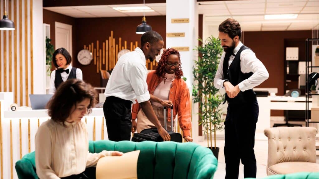 Hotel lobby scene with a guest being assisted by attentive hotel concierges near a green sofa, while another person reads documents and a receptionist stands at a desk in the background, ready to help with any request guests wish to ask.