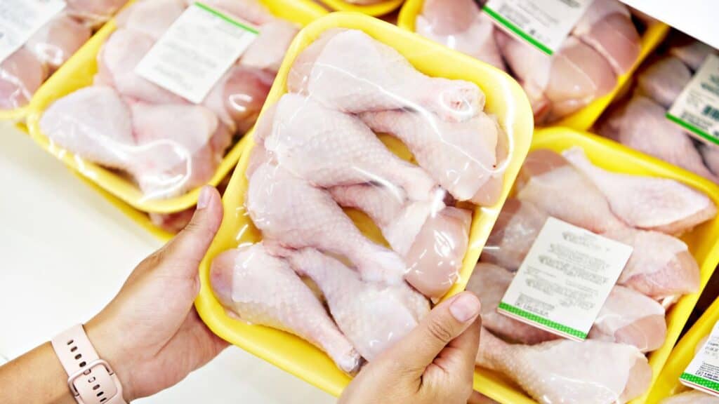 Person holding a yellow tray of raw chicken drumsticks wrapped in plastic in a grocery store, with similar packages displayed nearby.