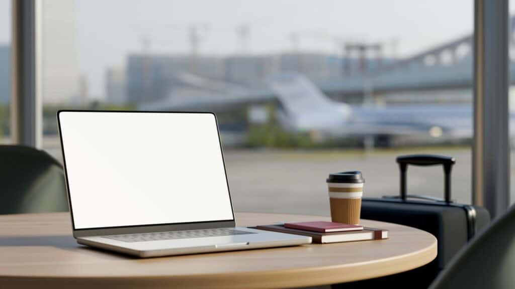 A laptop with a blank screen sits on a round table next to a coffee cup, notebooks, and a suitcase, creating the perfect setup to get work done in the airport, with an airport terminal and airplane visible through the window in the background.