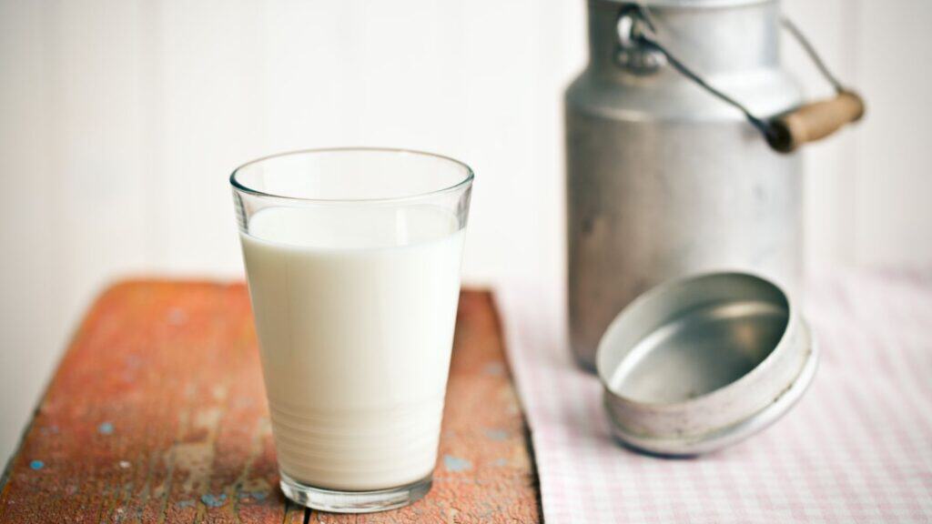 A glass of milk sits on a wooden table next to a metal milk canister with its lid removed and placed on a checkered cloth, evoking memories of simpler times before certain foods faced bans or restrictions.
