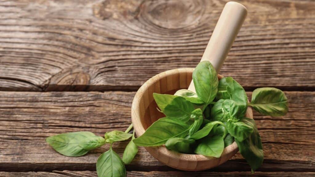 A wooden mortar and pestle with fresh basil leaves inside, placed on a rustic wooden surface—a reminder that herbs like basil are among the foods you shouldn’t refrigerate to maintain their vibrant flavor.