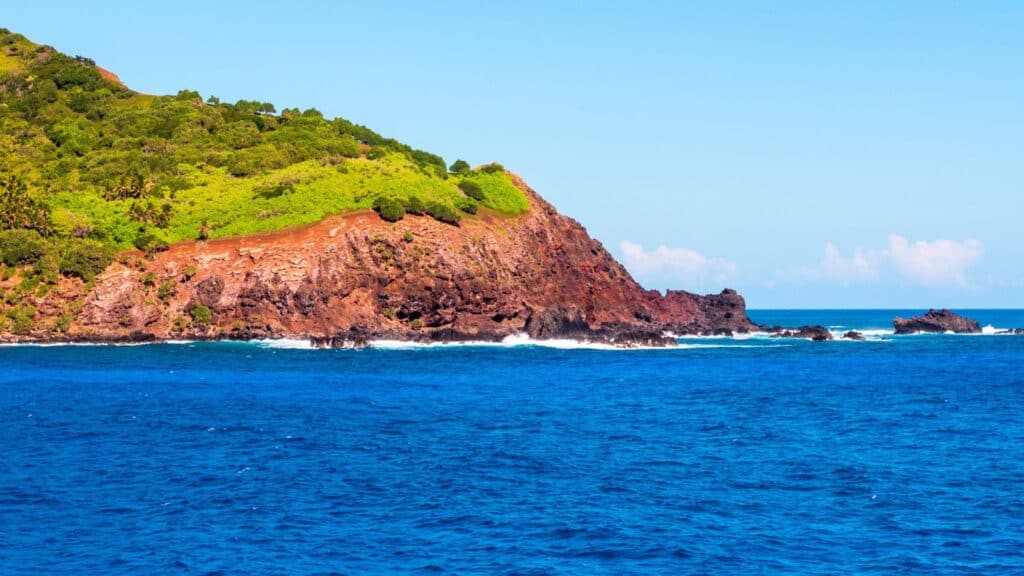 Rocky coastline with green vegetation meets the blue ocean under a clear sky. Waves break along the shore, and the water appears vibrant and calm.