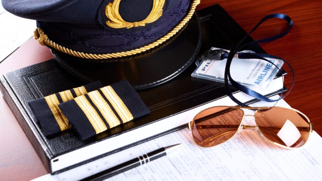 Pilot&rsquo;s hat, epaulets, sunglasses, pen, ID badge, and paperwork arranged on a desk&mdash;essentials ready for any aviator preparing to take command of a standing personal aircraft.