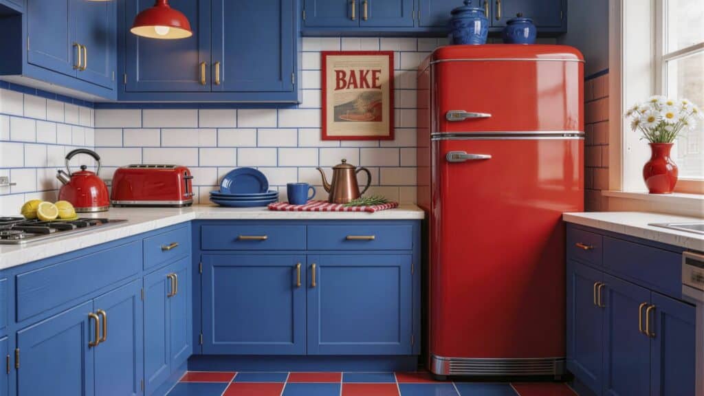 Colorful kitchen with blue cabinets, a red retro fridge, red and blue decor, white tiled backsplash, and a window with daisies in a vase. Classic kitchen gear Americans remember&mdash;like the toaster, dishes, and coffee pot&mdash;are on the counters.