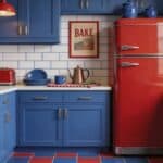 Colorful kitchen with blue cabinets, a red retro fridge, red and blue decor, white tiled backsplash, and a window with daisies in a vase. Classic kitchen gear Americans remember—like the toaster, dishes, and coffee pot—are on the counters.