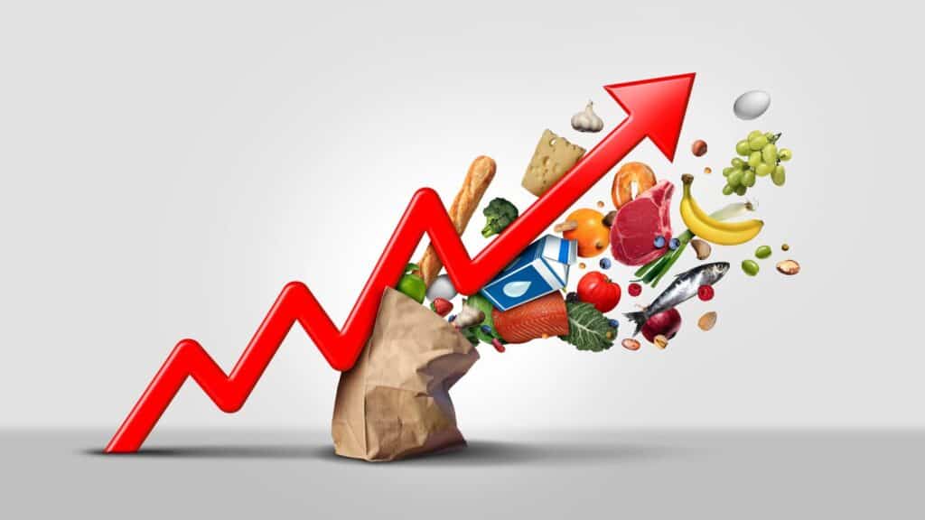 A red upward arrow graph emerges from a grocery bag, with various foods flying out&mdash;specifically highlighting grocery items whose prices rose&mdash;symbolizing rising food prices or inflation.