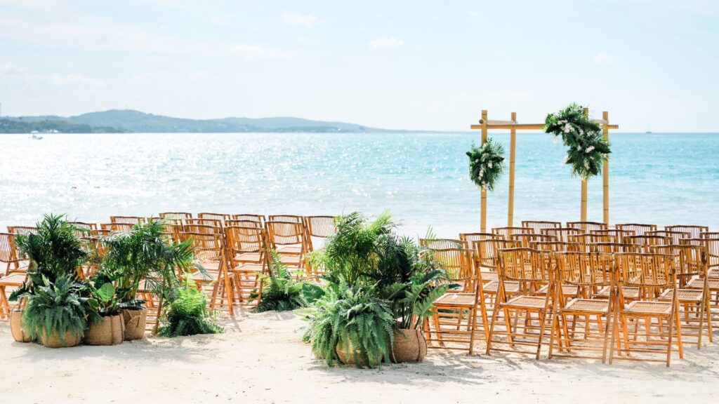 Rows of wooden chairs and green plant decorations are arranged on a sandy beach facing a wooden wedding arch, with the ocean visible in the background.