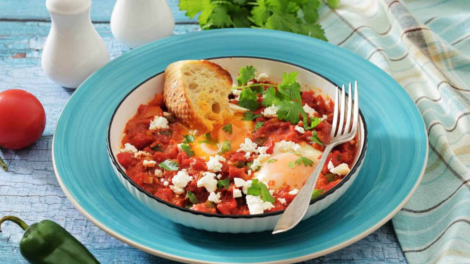 A plate of shakshuka with poached eggs in tomato sauce, topped with herbs and cheese, served with a slice of toasted bread and a fork.