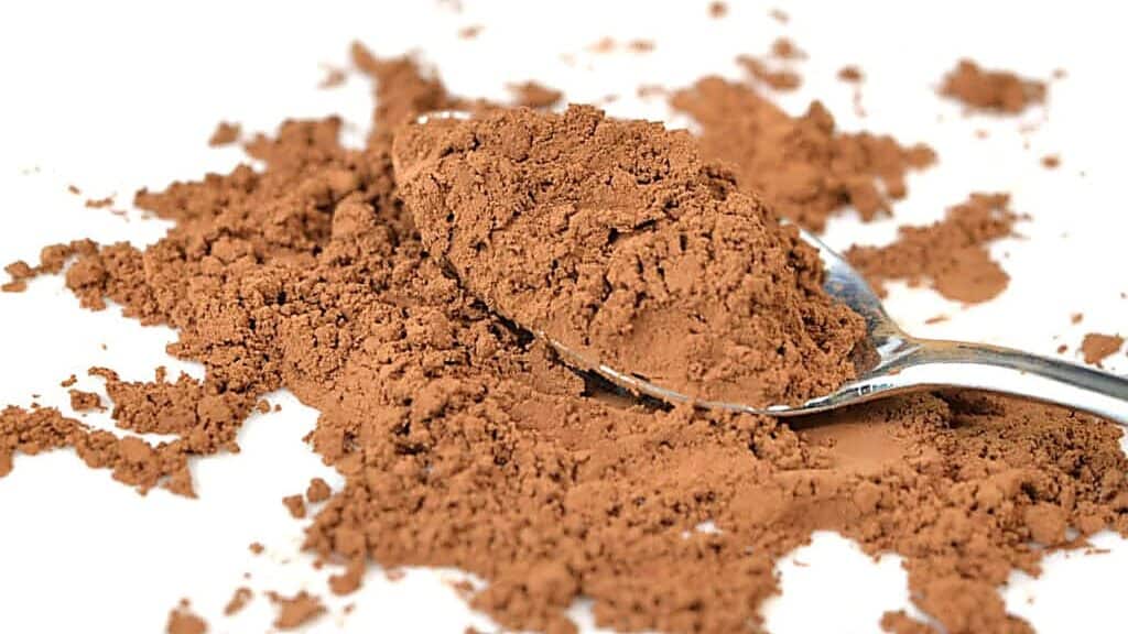 A metal spoon filled with loose cocoa powder rests on a pile of more cocoa powder, all set against a white background.