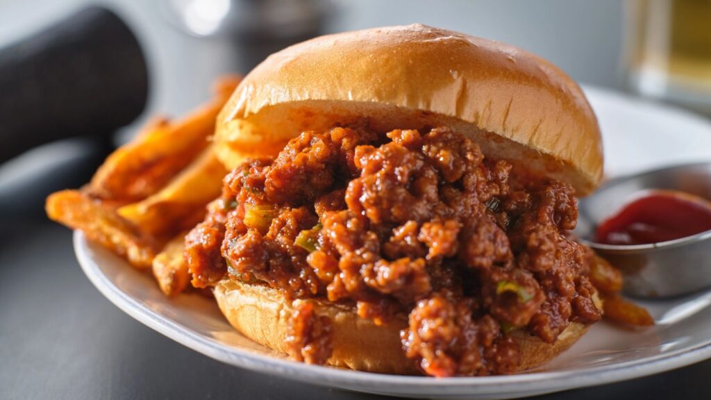 A sloppy joe sandwich with a meat sauce filling on a bun, served with thick-cut fries and a side of ketchup on a white plate.