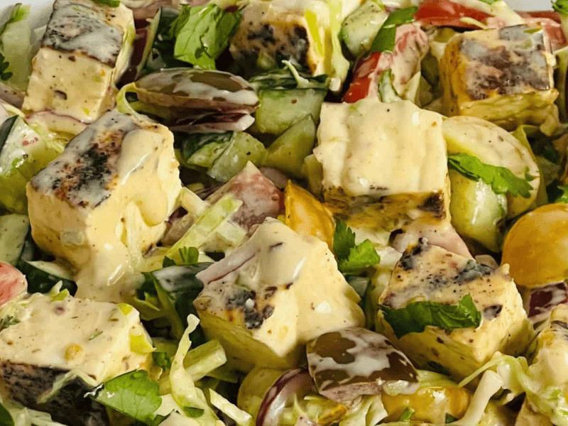 A close-up of a salad featuring grilled tofu cubes, cherry tomatoes, cucumber slices, and leafy greens, all drizzled with a creamy dressing.
