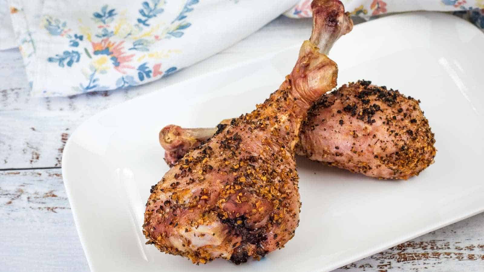 Two seasoned, baked turkey legs on a white rectangular plate, with a floral-patterned cloth in the background.
