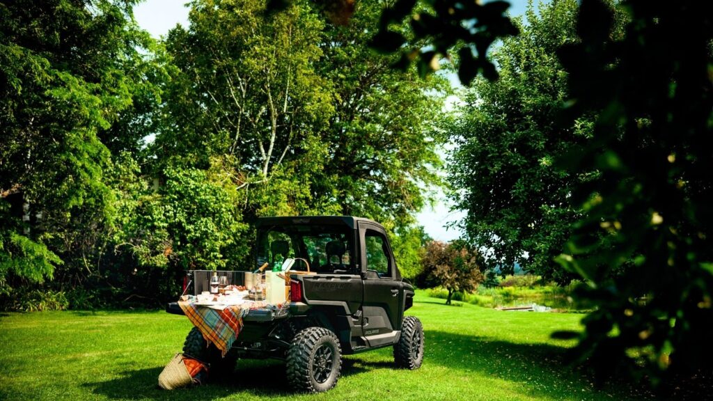 A black utility vehicle is parked on grass with a colorful picnic spread on its tailgate, surrounded by green trees in a sunny outdoor setting.