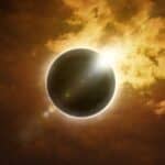 A solar eclipse with the sun partially visible behind the darkened moon, surrounded by glowing clouds in the sky.