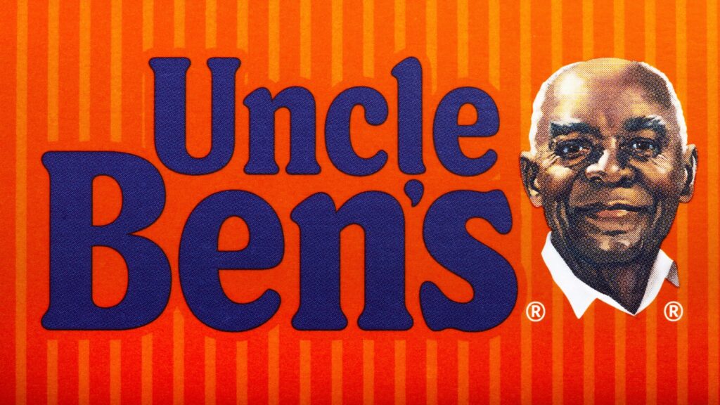Uncle Ben&rsquo;s logo features bold blue text on an orange background, accompanied by a portrait of an older man in a white shirt, making it one of the most recognizable brand mascots.