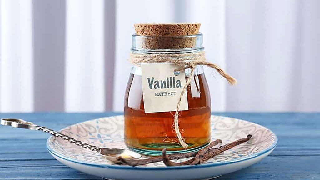 A glass jar labeled &ldquo;Vanilla Extract&rdquo; with a cork lid sits on a patterned plate next to a spoon and vanilla beans.