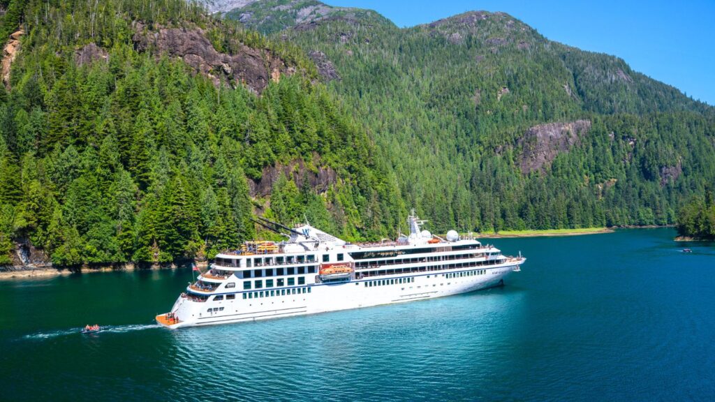 A white cruise ship sails through calm, blue water surrounded by dense green forest and mountains under a clear sky.