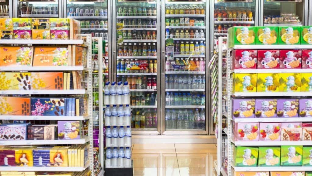 A grocery store aisle with shelves of packaged goods on both sides and refrigerated drinks in glass door coolers at the back.