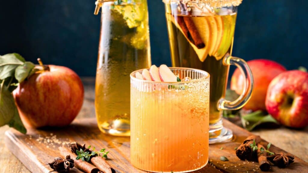 Three glasses of apple cider garnished with apple slices and spices, surrounded by fresh apples, cinnamon sticks, and star anise on a wooden board.